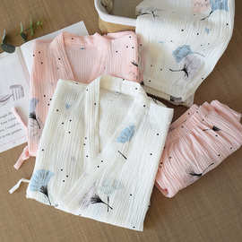 亲肤水洗纯棉纱和服睡衣女士长裤春夏薄款开衫系绳日系清新家居服