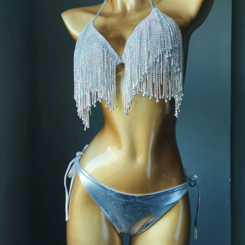 Купальник Bikini Diamond Son с бахромой из страз, металлический (золото/серебро), размеры S–L