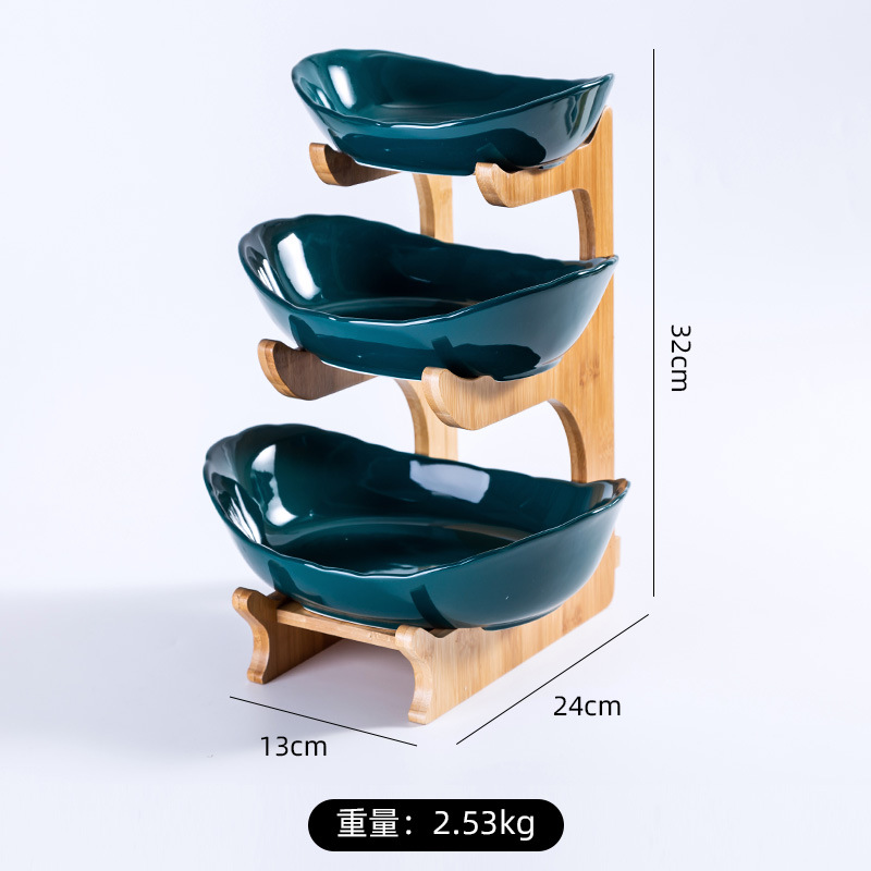 Nórdico simple cesta de frutas creativo de doble capa de múltiples capas plato de fruta con cajón de cerámica placa de fruta seca estante de bambú hogar plato de aperitivos