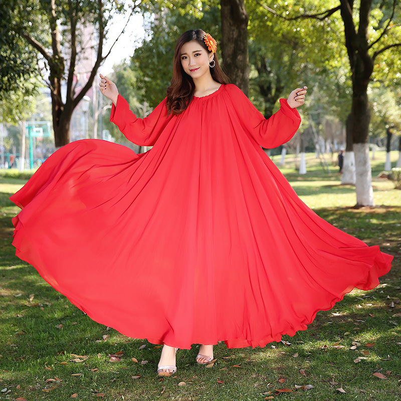 New 2024 Long-Sleeved Bohemian Dress Chiffon Long-Sleeved Dress Long Skirt Beach Skirt