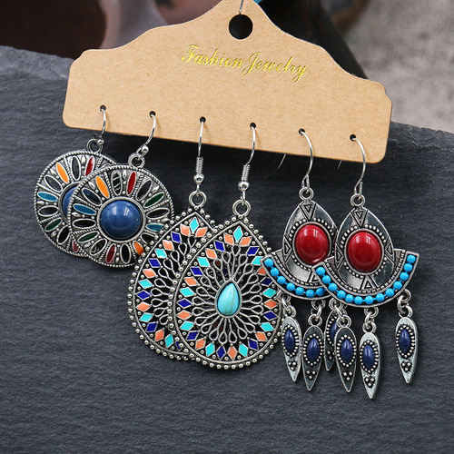 Three-piece earring set wholesale cross-border jewelry metal accessories drop-shaped oil drop earrings earring set combination