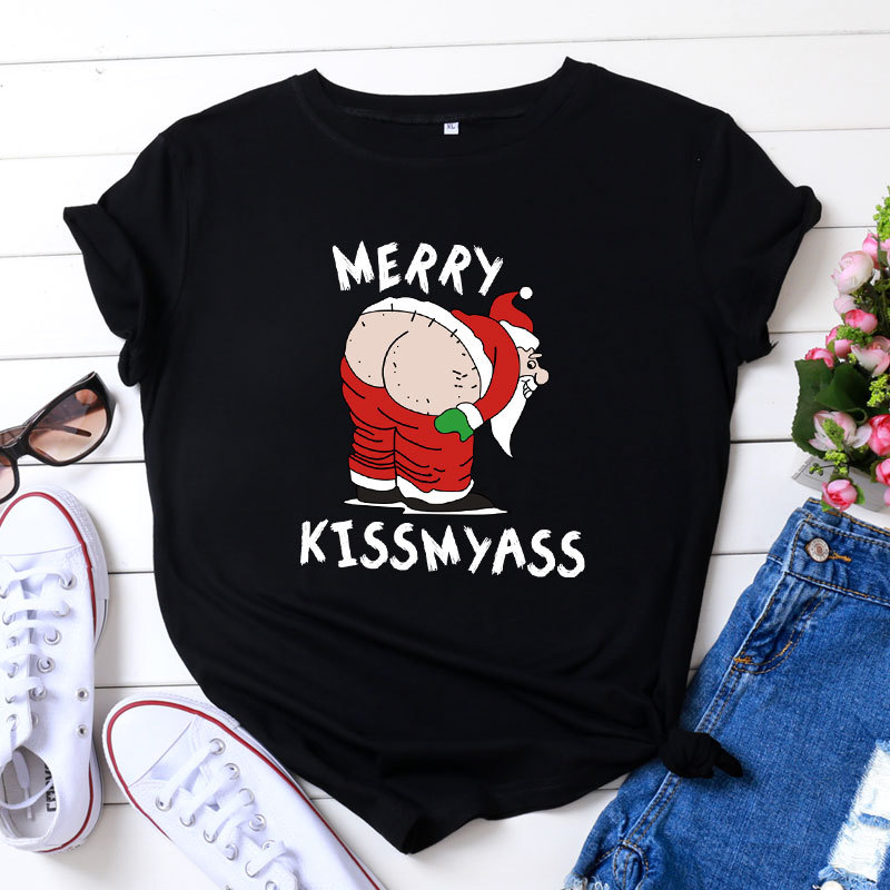 Amazon foreign trade best selling ebay Europe and the United States cross-border Christmas MERRY KISSMYASS printed short sleeve t-shirt women's clothing