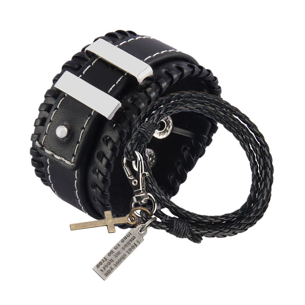 Set, fashionable black woven bracelet for beloved, European style, punk style