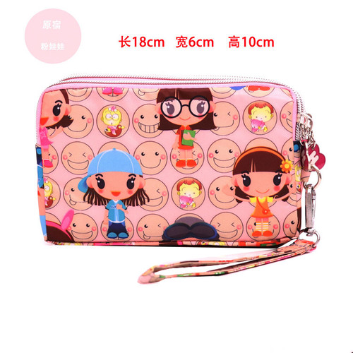 Women's new Korean version waterproof hand-held three-zipper mobile phone bag, simple, cute and fashionable cartoon coin purse fabric