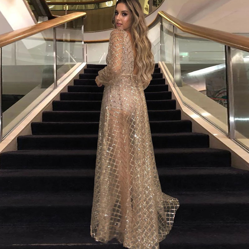2025 Cross-Border Summer New European and American Clothing Sexy V Neck Backless Dress Sequined Mesh Evening Dress Long Skirt 2025 Cross-Border Summer New European and American Clothing Sexy V Neck Backless Dress Sequined Mesh Evening Dress Long Skirt
