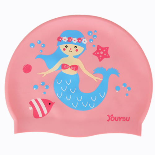 Youyou children's silicone swimming cap for boys and girls with long hair, waterproof ear protection, cute swimming cap, swimming equipment
