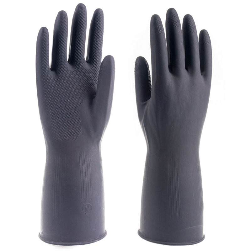 Negro industrial guantes Protección Laboral fábrica al por mayor ácido y álcali resistente látex limpieza del hogar guantes de goma