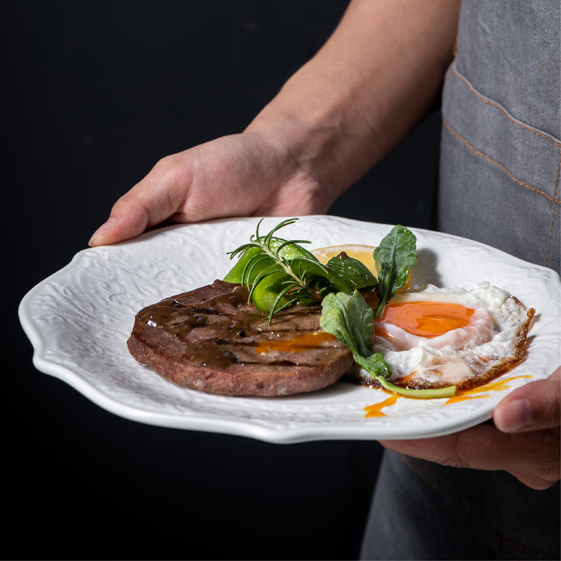 Embossed Lace Western-style Steak Plate Household Thickened Creative Pure White Plate European-style Flat-bottomed Special-shaped Plate for Wholesale