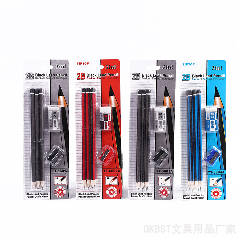Venta caliente escritura pintura 2B dibujo lápiz traje 6 lápices con borrador sacapuntas estudiante lápiz traje