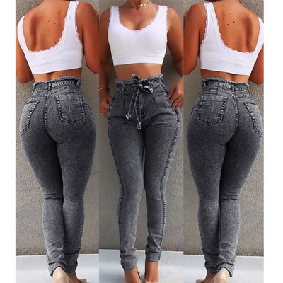 Cross-border Wish Amazon eBay women's jeans slim fit elastic fringe belt high-waisted jeans for women women's style