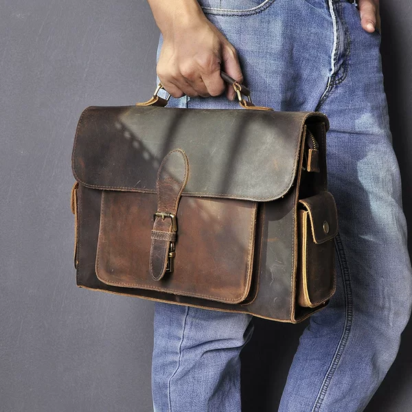 Top layer Crazy Horse Leather leather foreign trade classic retro men's 14 inch business Portable document computer bag 2058