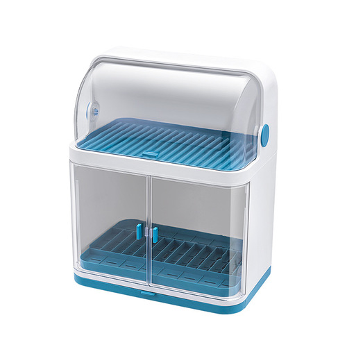 Tableware storage box, kitchen double-layer dish rack with cover for tableware, dishware, drain rack, plastic cupboard
