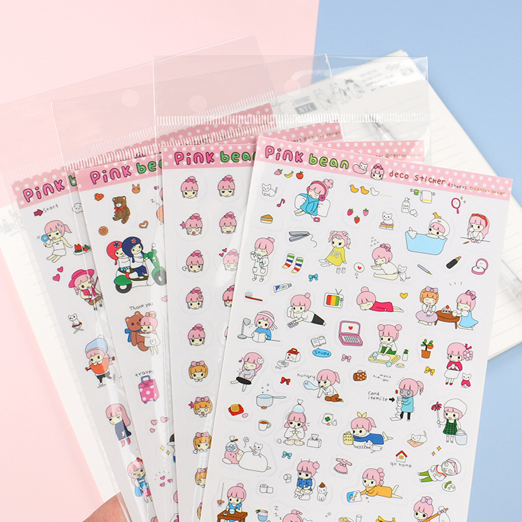 Xiaoqing nuevo estilo, Rosa frijol guisante chica PVC pegatinas de dibujos animados diario sellado pegatinas 4 hojas individuales