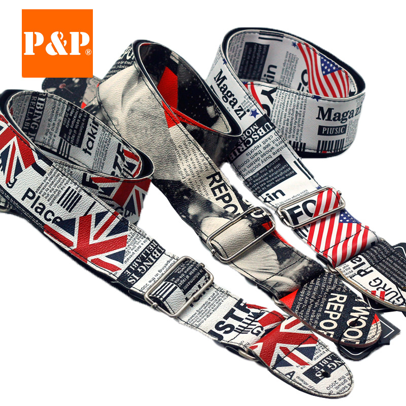 PP吉他背带批发 美国英国国旗民谣 PU皮革  乐器配件 吉他配件