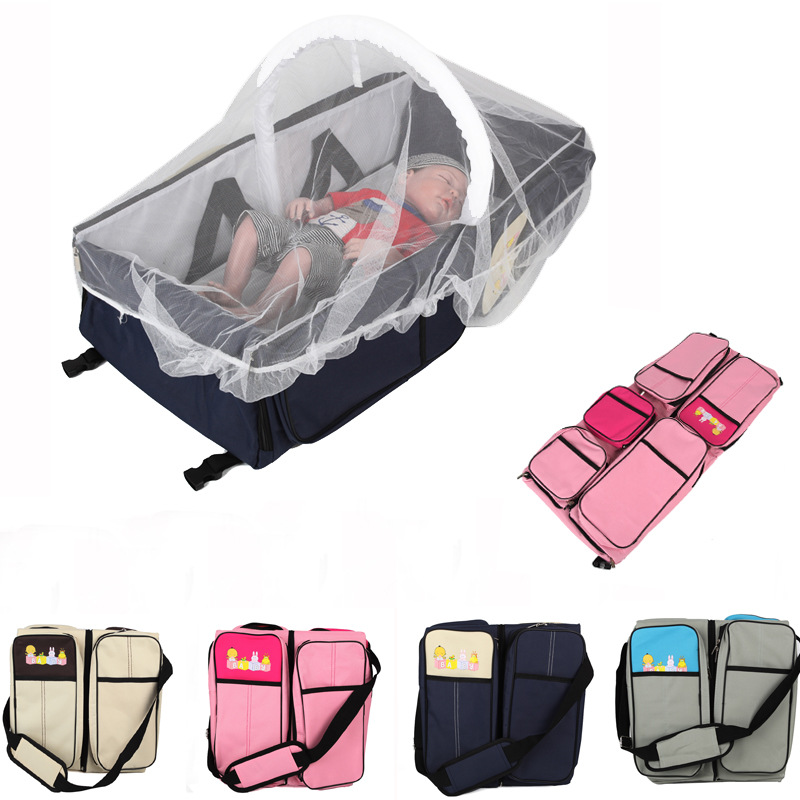Foldable baby crib bag, portable, multi-functional, large-capacity diaper bag, newborn travel crib with mosquito net.