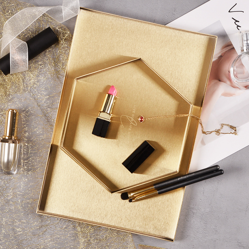 Bandeja de almacenamiento de acero inoxidable geométrica de oro Nordic pasillo sundries bandeja de organización caja de almacenamiento de cosméticos plato de cena