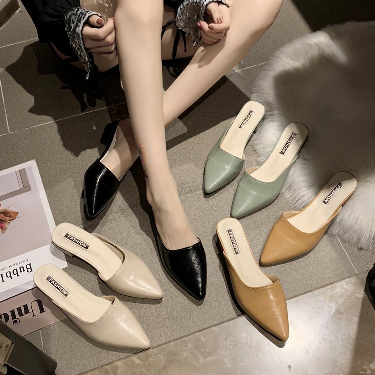 2023 verano nuevo dedo del pie puntiagudo mediados tacón de las mujeres zapatillas estilo coreano al aire libre Muller zapatos