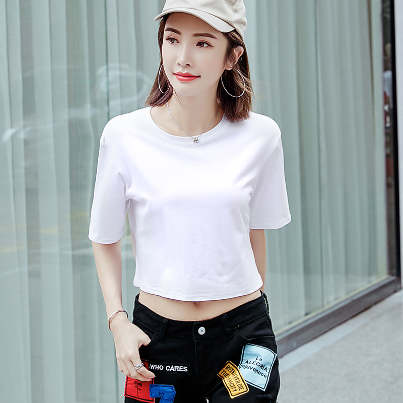 trend solid color cotton T-shirt with a round collar