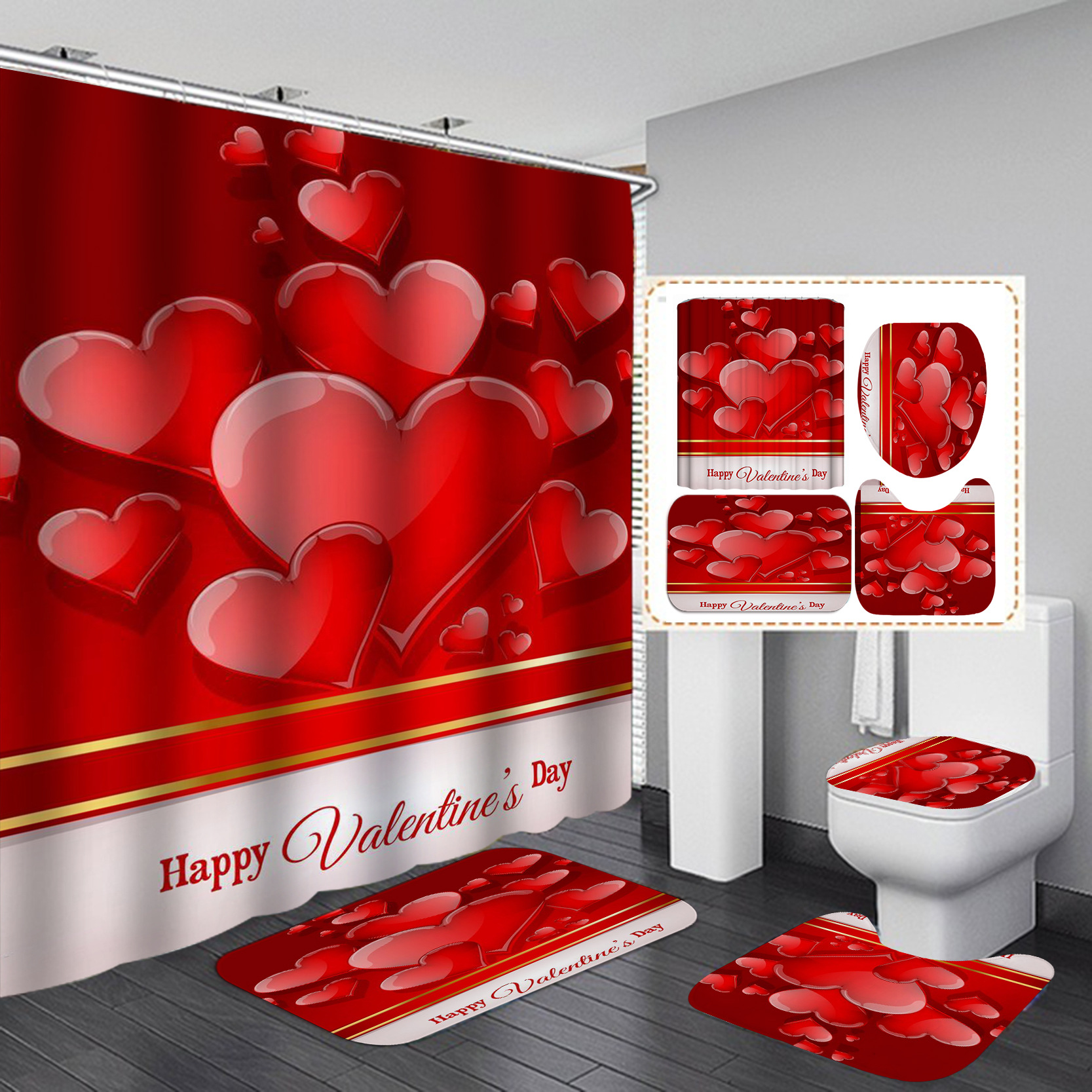 Día de San Valentín transfronterizo caliente impresión digital de poliéster impermeable baño Cortina de ducha cortina de suministro directo de fábrica al por mayor