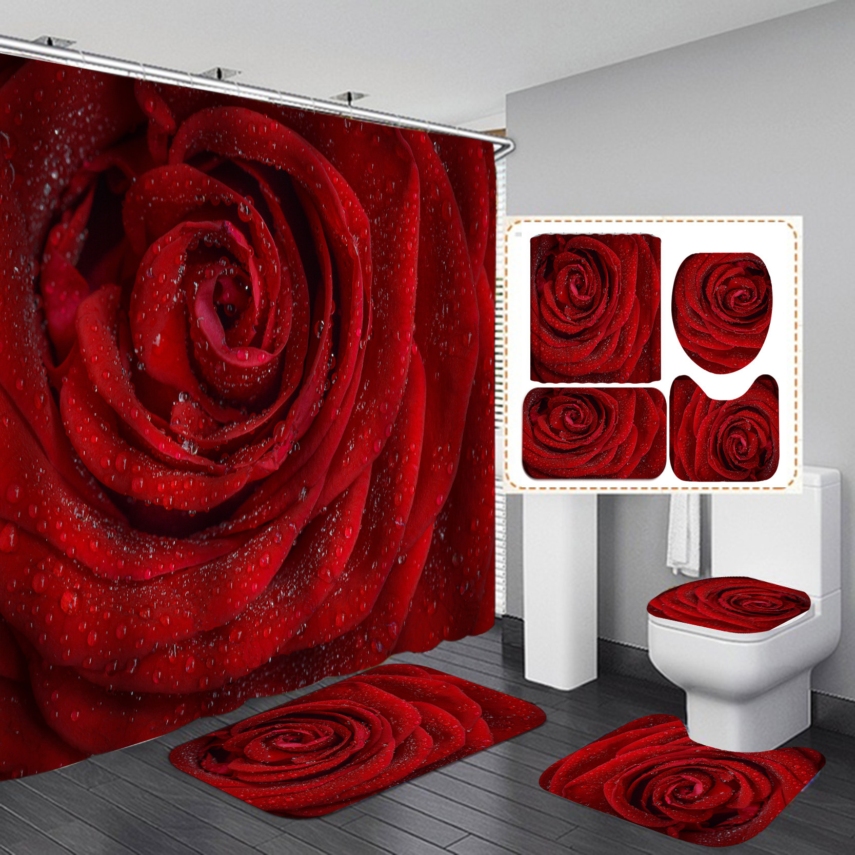 Cortina de ducha y cortina de ventana de poliéster con estampado digital 3D de rosas para el Día de San Valentín, la más vendida en Amazon para ventas transfronterizas.