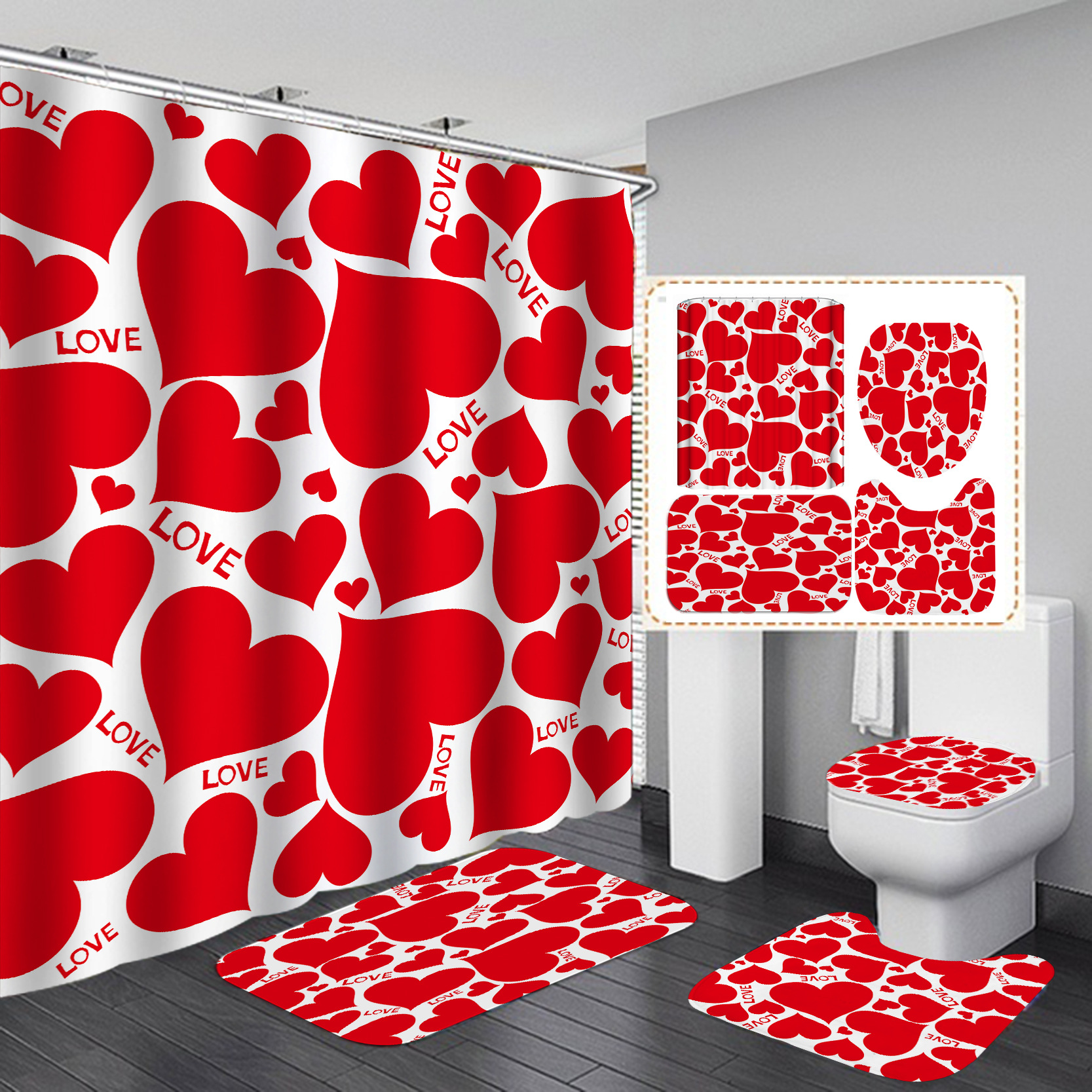 Día de San Valentín transfronterizo caliente impresión digital de poliéster impermeable baño Cortina de ducha cortina de suministro directo de fábrica al por mayor