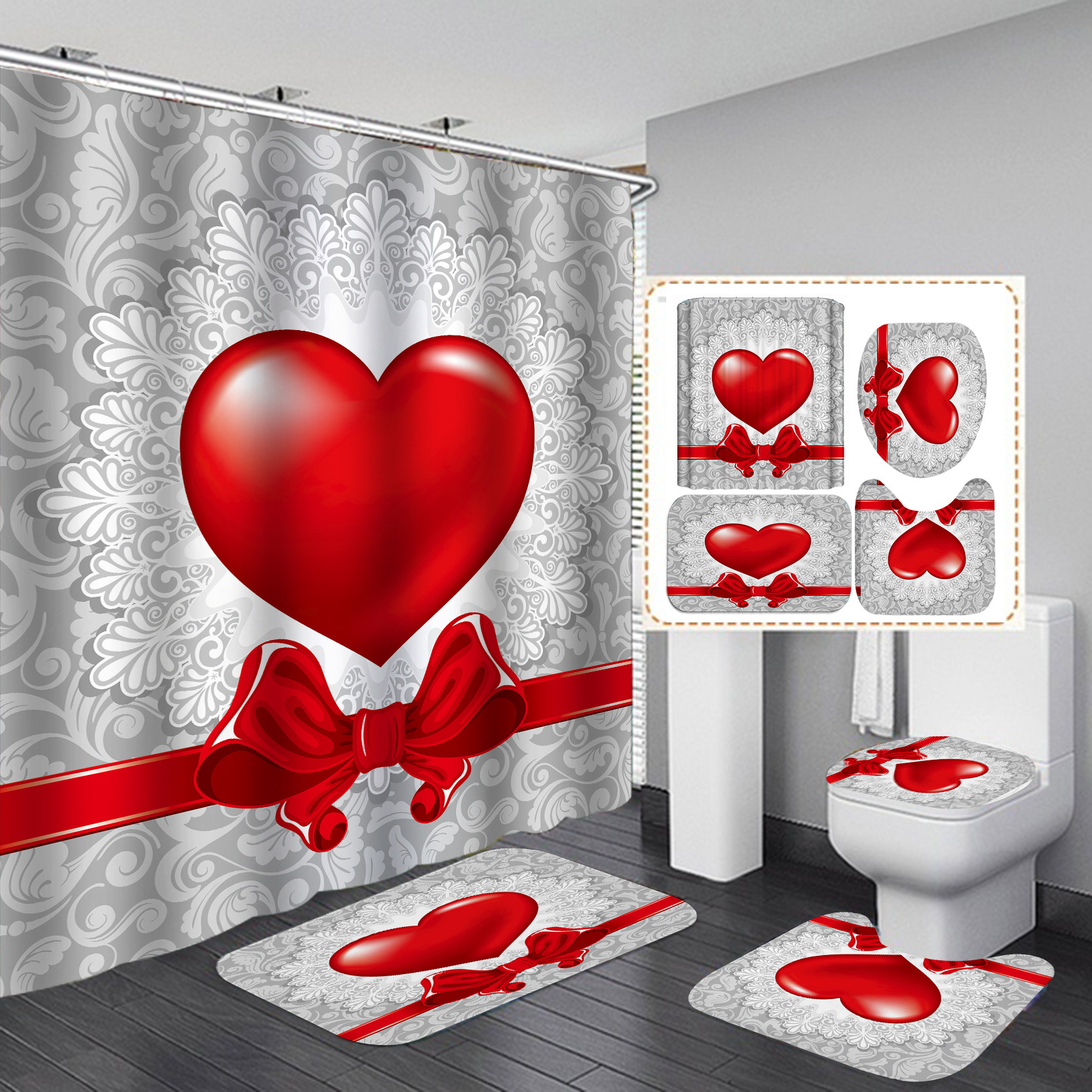 Día de San Valentín transfronterizo caliente impresión digital de poliéster impermeable baño Cortina de ducha cortina de suministro directo de fábrica al por mayor