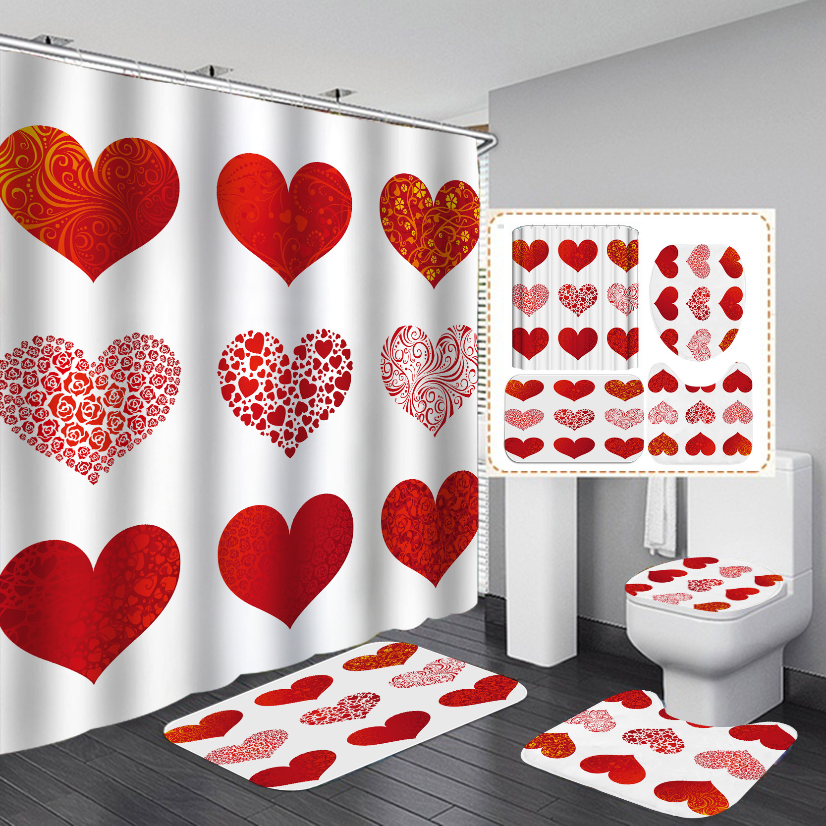 Día de San Valentín transfronterizo caliente impresión digital de poliéster impermeable baño Cortina de ducha cortina de suministro directo de fábrica al por mayor
