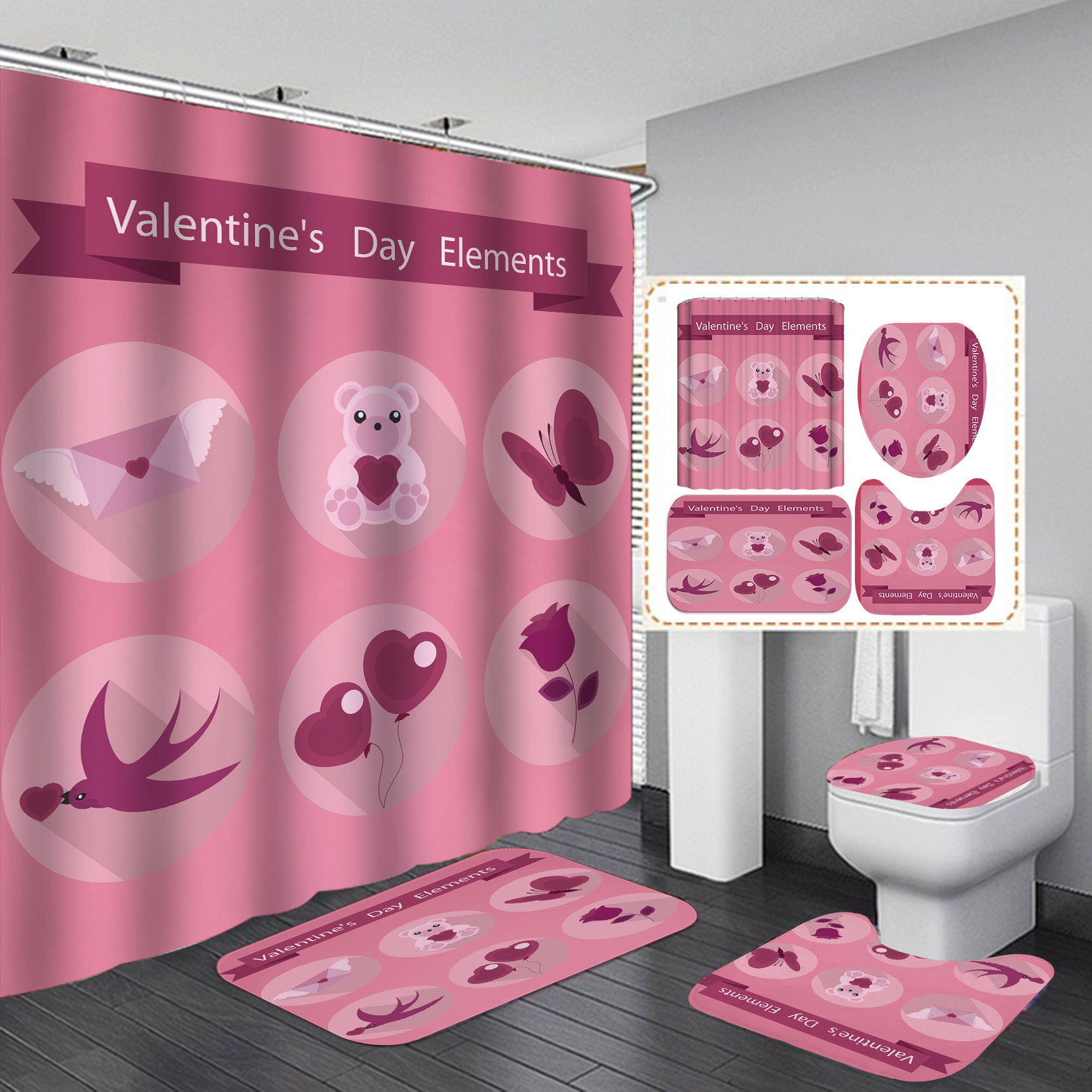 Día de San Valentín transfronterizo caliente impresión digital de poliéster impermeable baño Cortina de ducha cortina de suministro directo de fábrica al por mayor