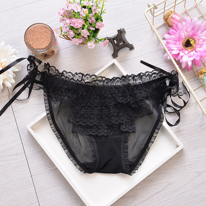 Xiaotianer 3309 Black Sexy Lace Mesh Lace-Up Thong Women's Low-Waist Sexy Transparent Temptation Underwear