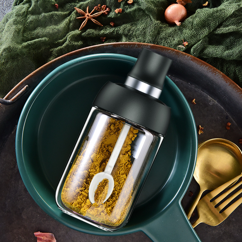 厨房盐味精佐料调料瓶 防潮装蜂蜜调料罐 勺盖一体密封玻璃调味瓶