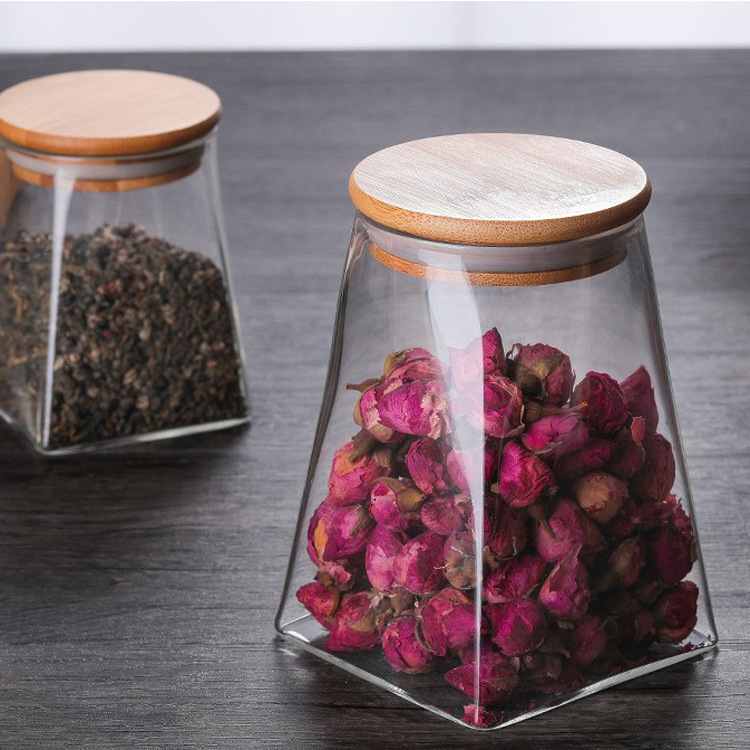 Frascos sellados de vidrio de borosilicato de alta calidad al por mayor del fabricante, con tapas de bambú, frascos de almacenamiento transparentes, frascos para dulces, frascos de almacenamiento para cocina, frascos para té