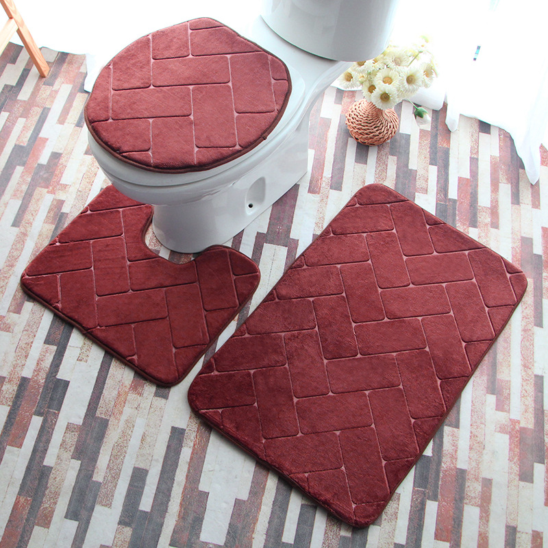 Flannel Embossed Water-Absorbent Non-Slip Floor Mat Bathroom Toilet Mat Set Three-Piece Carpet Foot Mat Bathroom