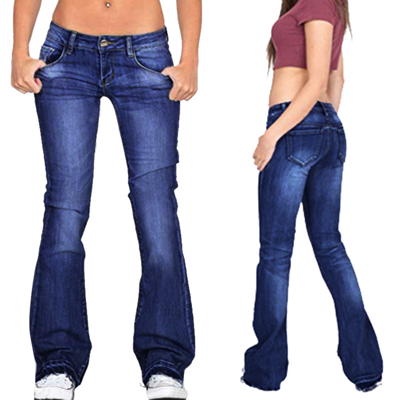 Primavera y otoño Amazon cintura baja de las mujeres flacas pantalones vaqueros acampanados lavado medio fábrica en stock