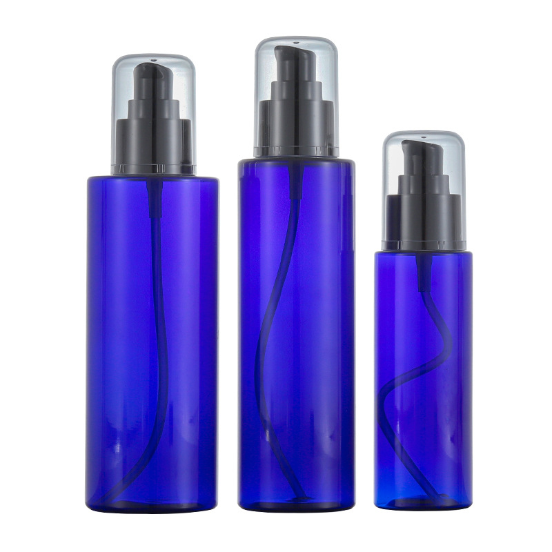 En existencia 100mL-200ml botella plana azul transparente de la loción del hombro sub-botella 250ml botella cosmética de empaquetado de la bomba del ANIMAL DOMÉSTICO