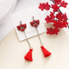 Red festive retro long universal earrings for bride with tassels, for luck