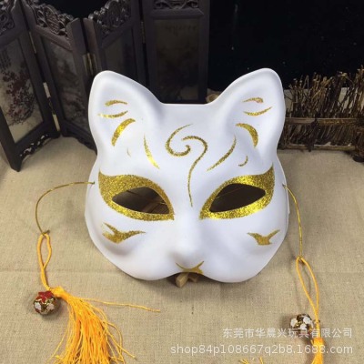 Pintado a mano blanco flor de cerezo gato negro zorro Halloween estilo japonés máscara oro rosa vestido de fiesta máscara