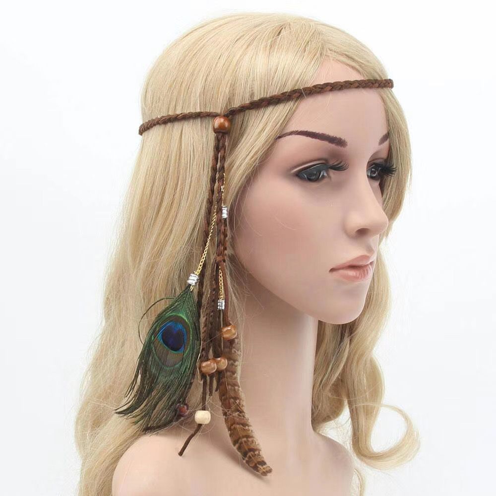 Venta directa de fábrica de tocados de plumas de pavo real para zonas turísticas, diademas de plumas, diademas étnicas bohemias indias con borlas