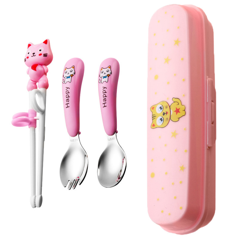 흰 고양이 핑크 포크 숟가락 젓가락-핑크 상자