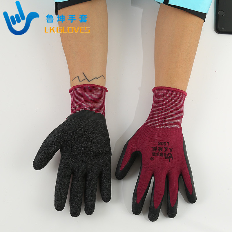 厂家批发尼龙涤纶乳胶皱纹手套 加厚耐磨保防护手套棉线手套批发