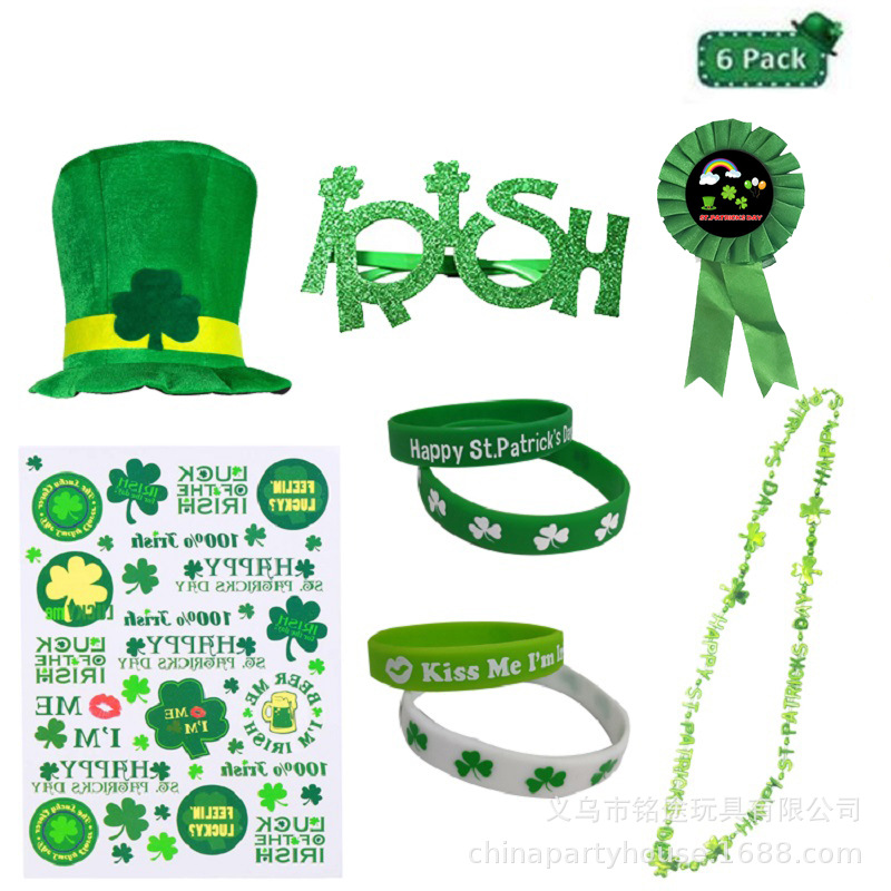 Decoraciones del Día de San Patricio trébol sombrero irlandés Festival gafas etiqueta insignia pulsera cadena traje