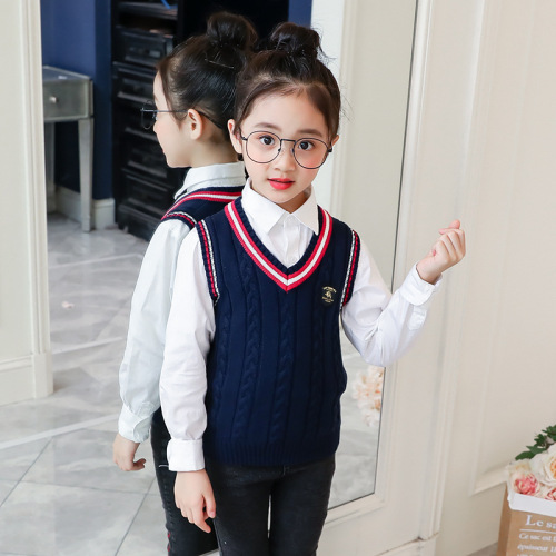 Children's clothing sweater vest spring and autumn children's college style school uniform top cotton sweater knitted vest jacket wholesale