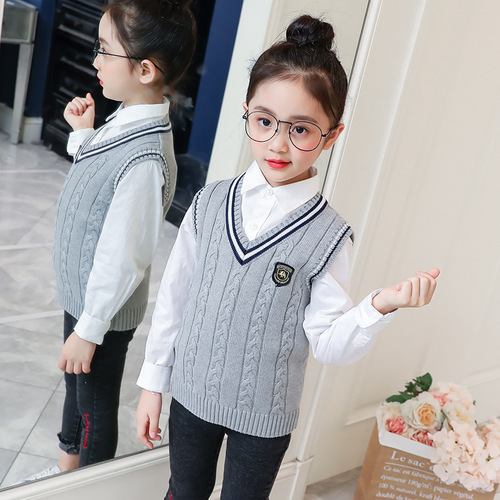 Children's clothing sweater vest spring and autumn children's college style school uniform top cotton sweater knitted vest jacket wholesale