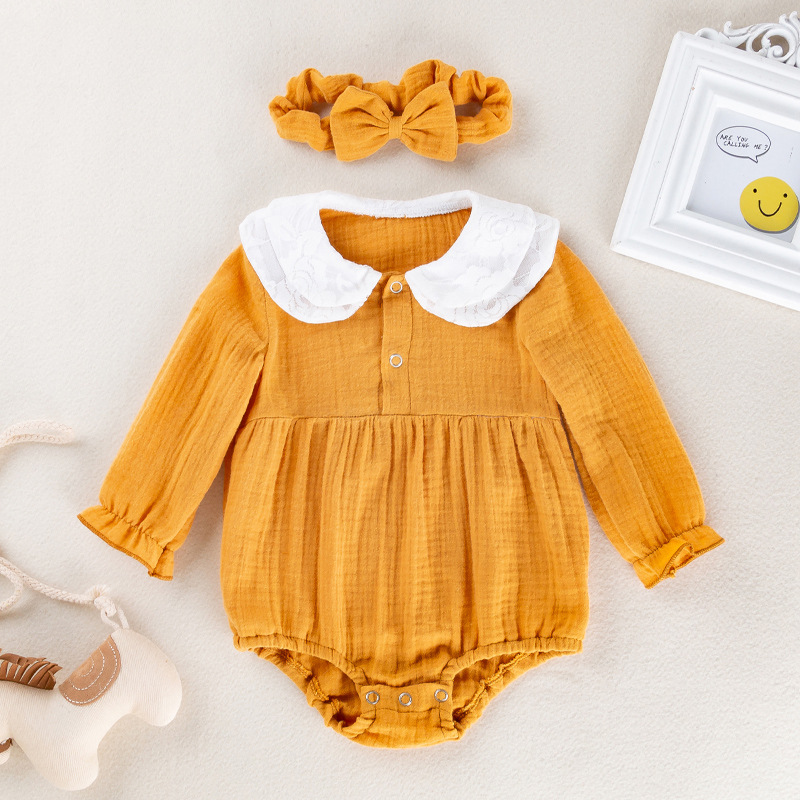 Korean-Style Long-Sleeve Romper for Baby Girls, Fashionable Doll Collar, 0-2 Years Old Baby Onesie, Hair Accessory, Crawling Outfit Set, Trendy
