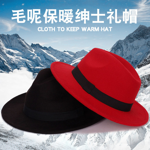 European and American style spring, autumn and winter imitation felt large brim hat British retro woolen hat for men and women casual Panama jazz hat