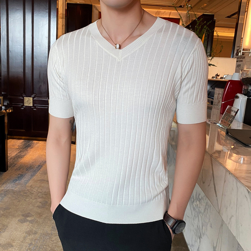 V-Neck Knitted Shirt Short-Sleeved Men's Trendy Top Clothes Youth Base Shirt Slim-Fit Silk Cotton T-Shirt Thin Half-Sleeve Sweater