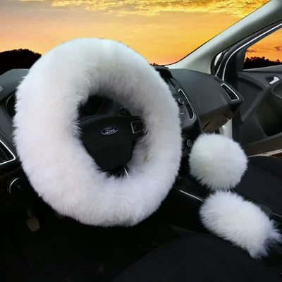 Car wool steering wheel cover winter New Australian sheepskin fur one-piece wool handle cover hand brake cover (Steering wheel cover) - snow-white-38cm