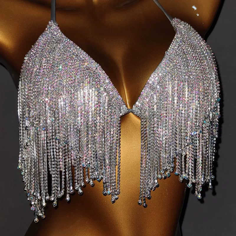 Купальник Bikini Diamond Son с бахромой из страз, металлический (золото/серебро), размеры S–L
