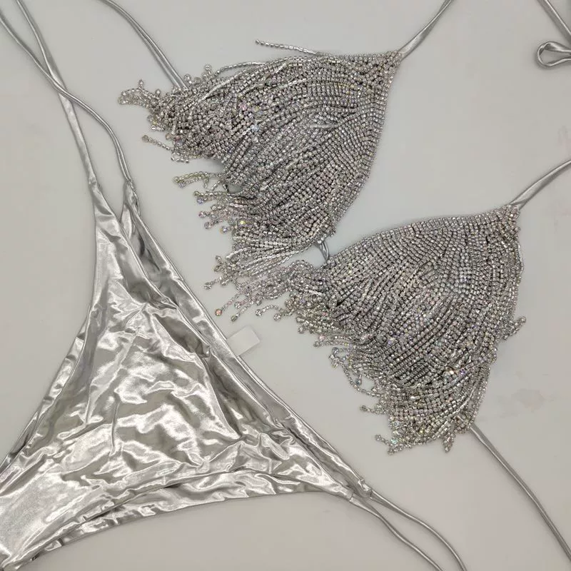Купальник Bikini Diamond Son с бахромой из страз, металлический (золото/серебро), размеры S–L
