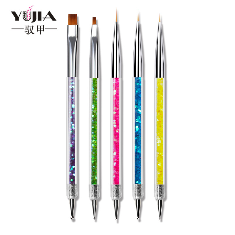 Yujia manicura herramientas al por mayor de doble cabeza rhinestone dibujo pluma lentejuelas paquete 5 piezas traje de doble uso pintura pluma