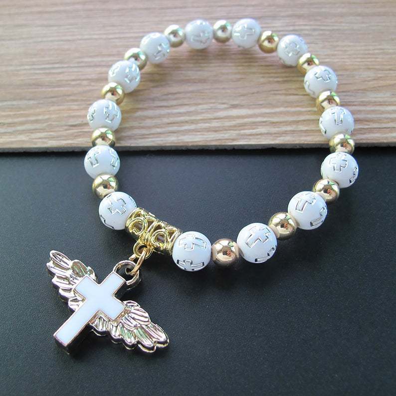 Etsy Cross-Mirror Hot-Selling Bronzing Acrylic Cross Bead Bracelet Dripping Oil Angel Cross Rosary Bracelet